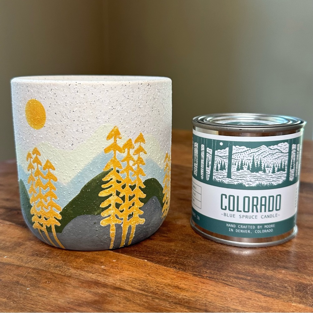NWOT - Painted Ceramic Candle Holder with Colorado Blue Spruce Soy Candle